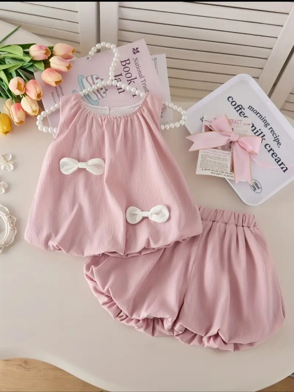 Soft Pink Girls' Sleeveless Top And Shorts Set with Bow Accents, Size 2-3Y